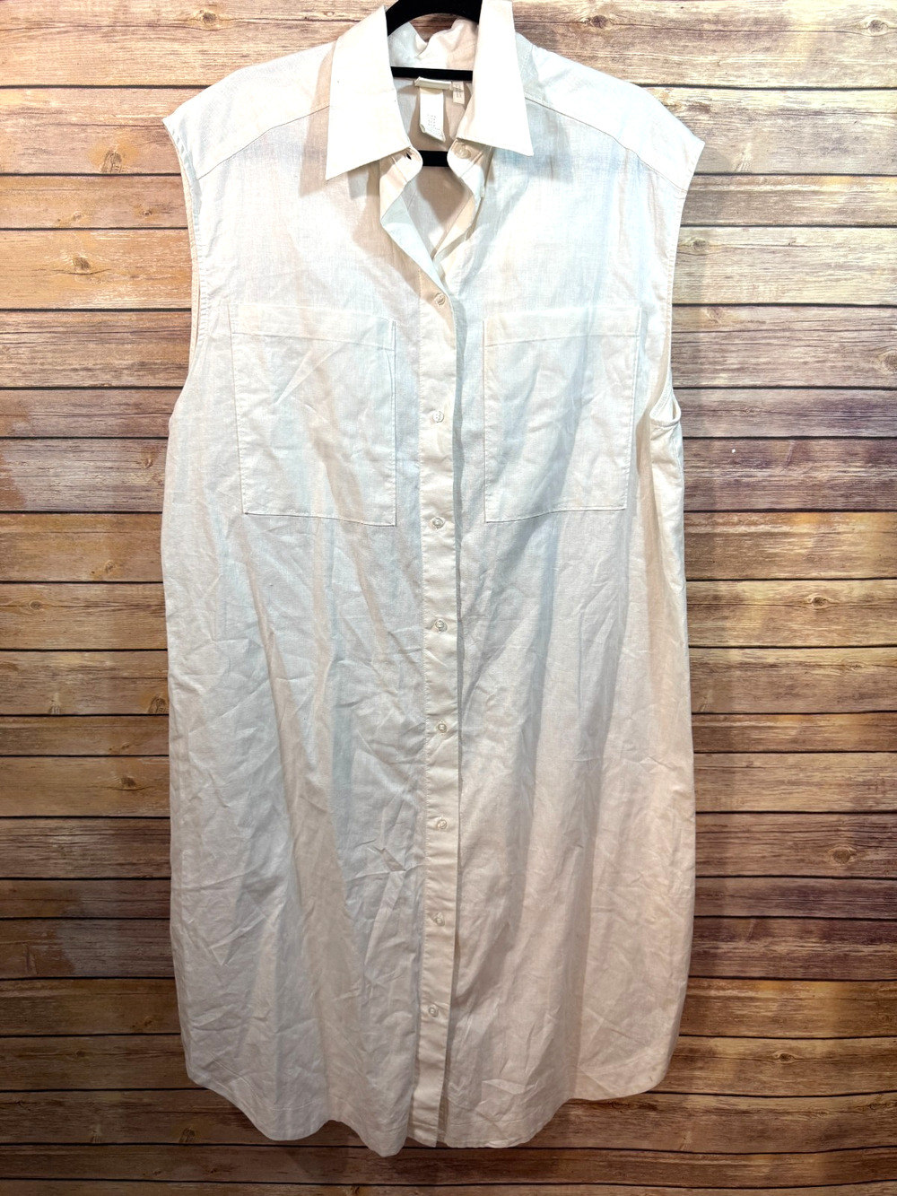 H&M Womens Cream Sleeveless Button Up Linen Blend Minimalist Shirt Dress M